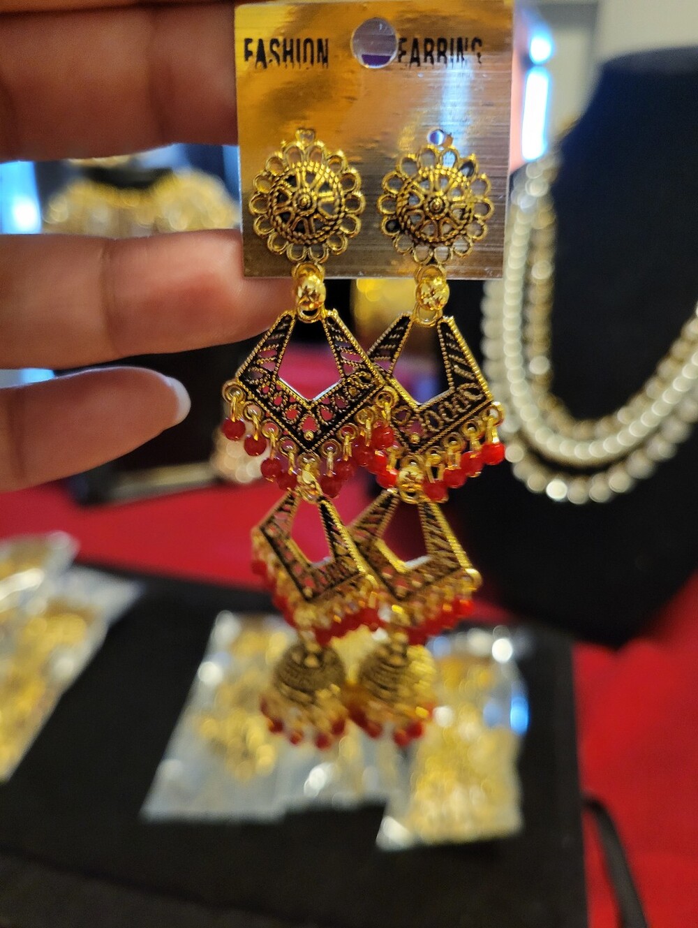 Fashion Gold-Tone Earrings with Red Bead Accents
